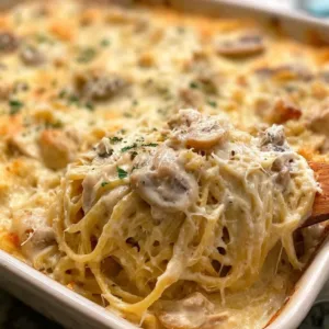 Delicious Chicken Tetrazzini served with cheese and herbs in a creamy sauce