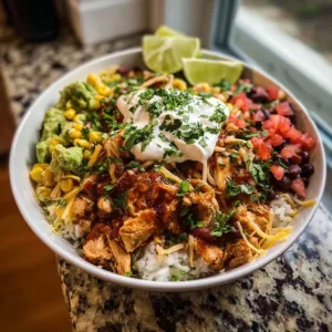 Chipotle-style chicken burrito bowl with rice, beans, and fresh toppings
