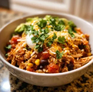 Cozy Slow Cooker Chicken Burrito Bowl ingredients and finished dish