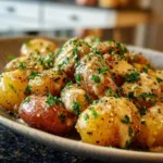 Creamy garlic sauce on baby potatoes served as a delicious side dish