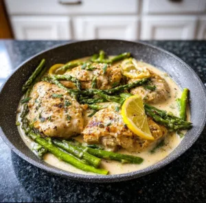 Creamy lemon garlic chicken dish with fresh asparagus on a plate
