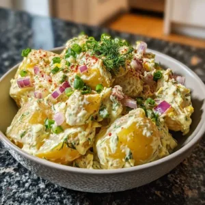 Creamy potato salad in a bowl, garnished with herbs.