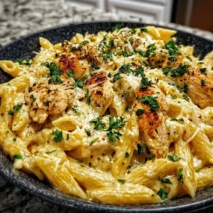 Creamy ricotta chicken pasta dish garnished with herbs and served in a bowl.