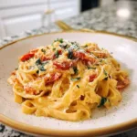 Delicious creamy tomato pasta in a bowl garnished with fresh basil.