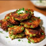 Crispy pea fritters served on a plate with fresh herbs and dipping sauce