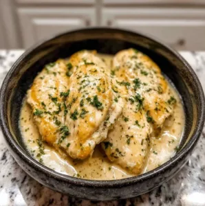 Crockpot Creamy Garlic Parmesan Chicken served with pasta and herbs