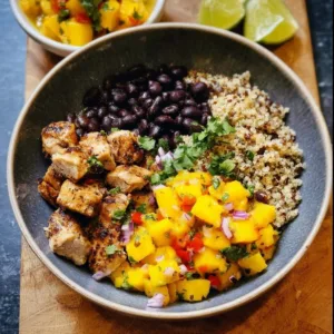 Cuban Mojo Chicken quinoa bowl with mango salsa and black beans