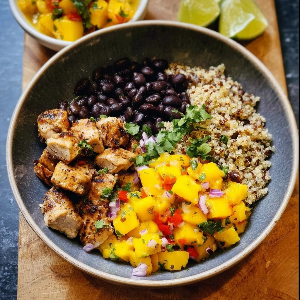 Cuban Mojo Chicken Quinoa Bowls with Mango Salsa and Black Beans