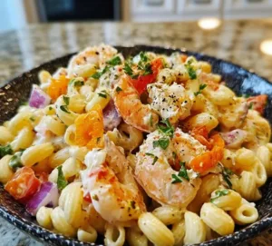 Delicious Seafood Pasta Salad 2 A vibrant seafood pasta salad with shrimp, crab, and colorful vegetables.
