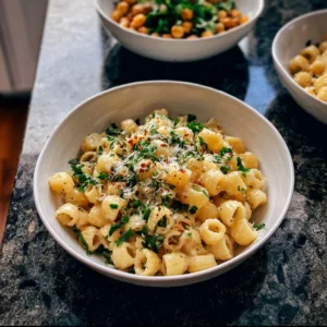 Serving of Ditalini Pasta with fresh vegetables and herbs