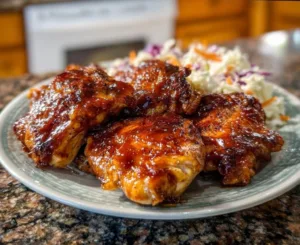 Easy BBQ Baked Chicken Thighs served on a plate with sauce