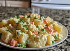 Bowl of easy Belizean potato salad with peas and carrots