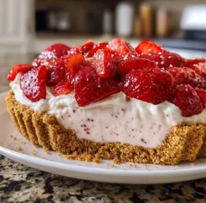 Sliced easy freezer strawberry pie served on a plate with fresh strawberries.