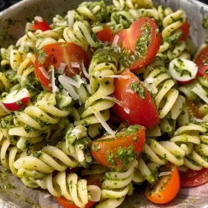 Bowl of easy pesto pasta salad with fresh vegetables and basil