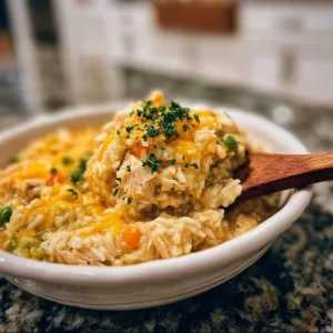 Family crockpot chicken and rice casserole in a slow cooker