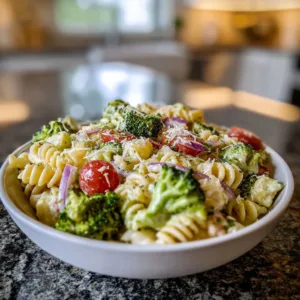 Fresh broccoli pasta salad with colorful veggies and dressing