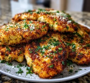 Garlic Parmesan Crusted Chicken Breasts garnished with herbs on a plate