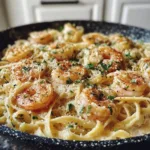Delicious Garlic Parmesan Shrimp Pasta served in a bowl with fresh herbs.