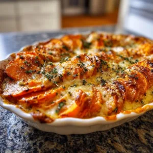 A delicious dish of garlic scalloped sweet potatoes, baked to perfection.