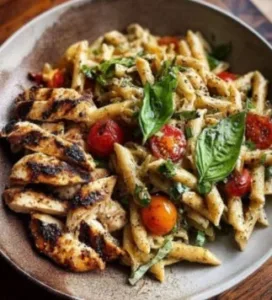 Grilled chicken pasta salad with fresh vegetables and balsamic vinaigrette