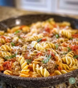 A bowl of hearty sausage pasta with fresh herbs and grated cheese on top