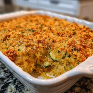 Hearty zucchini casserole topped with Ritz crackers in a baking dish