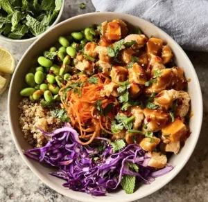 High protein chicken Buddha bowl with vegetables and grains