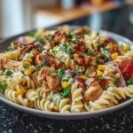 Honey BBQ Chicken Pasta Salad in a vibrant bowl