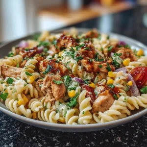 Honey BBQ Chicken Pasta Salad in a vibrant bowl