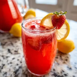 Refreshing honey sweetened strawberry lemonade in a glass with strawberries and lemons
