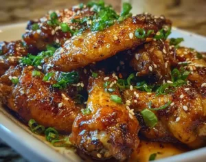 Delicious Garlic Honey Chicken Wings garnished with fresh herbs
