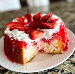 Deliciously layered Jello Poke Cake topped with vibrant fruit and cream