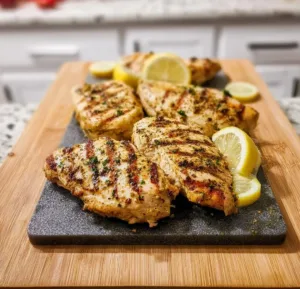 Juicy Grilled Chicken Breasts 3 Juicy grilled chicken breasts garnished with herbs on a grill