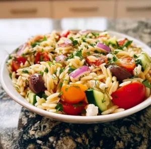 Delicious Mediterranean Orzo Pasta Salad with fresh vegetables and herbs.