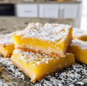 Freshly baked lemon bars garnished with powdered sugar and lemon zest