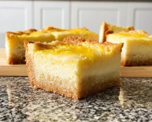 Lemon cheesecake blondie bars topped with a creamy layer of lemon frosting