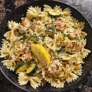 Plate of lemon chicken pasta garnished with herbs and lemon slices