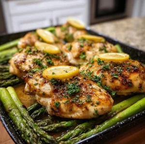 Lemon Garlic Butter Chicken served with fresh asparagus