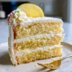 Slice of lemon layer cake with lemon cream cheese buttercream on a plate