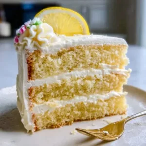 Slice of lemon layer cake with lemon cream cheese buttercream on a plate