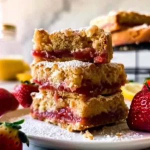Delicious Lemon Strawberry Crumb Bars with crumb topping and fresh fruit.