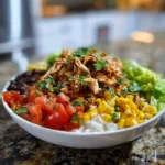 Loaded shredded chicken burrito bowl topped with fresh ingredients