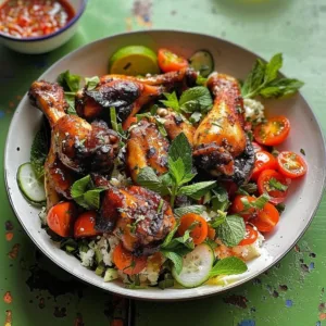 Maple and Harissa Chicken Wings garnished with fresh tabbouleh salad