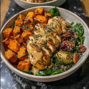 Maple Dijon Chicken Sweet Potato Bowls topped with greens and herbs