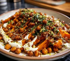 Maple Sweet Potato Salad topped with whipped tahini and crispy chickpeas