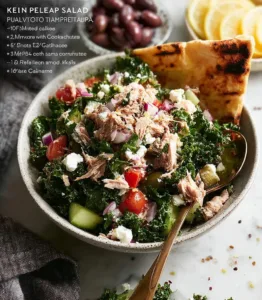 Mediterranean Tuna Salad topped with creamy feta dressing in a bowl
