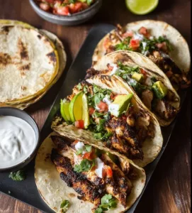 Delicious Mexican grilled chicken tacos topped with fresh ingredients.