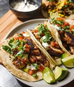 Delicious Mexican grilled chicken tacos served with fresh toppings and garnishes.