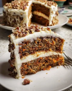 Slice of delicious homemade carrot cake topped with cream cheese frosting