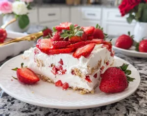 Delicious no-bake strawberry icebox cake topped with fresh strawberries